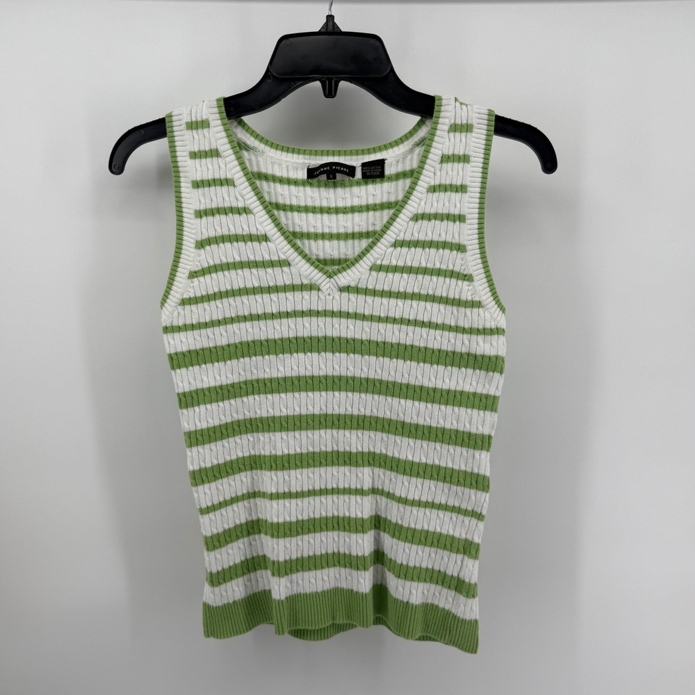 Jeanne Pierre Womens Sz S Cable Knit Striped Sleeveless Sweater Vest Green White - Picture 2 of 7